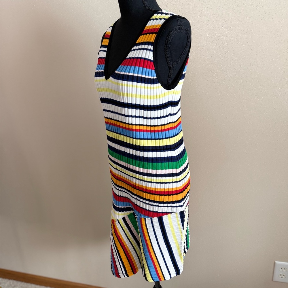 Milly Striped Knit Dress Asymmetrical Hem V Neck Multicolor Size L - Picture 6 of 13